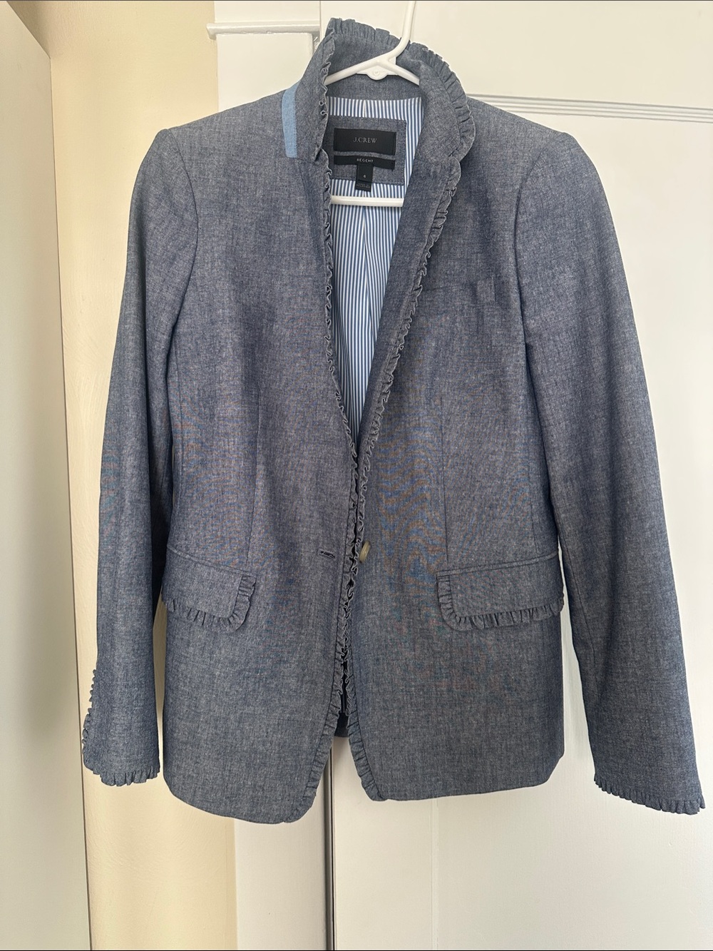 J. Crew Heathered Navy Ruffle-Trim Blazer